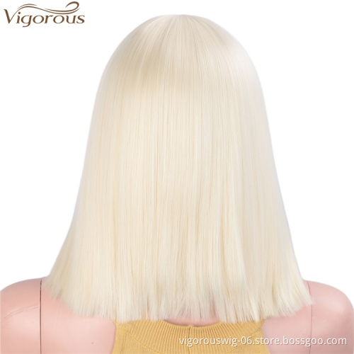 Vigorous Cosplay Blonde Synthetic Bob Wigs With Flat Neat Bangs Short Straight Wigs for Women Heat Resistant Cosplay Daily Use